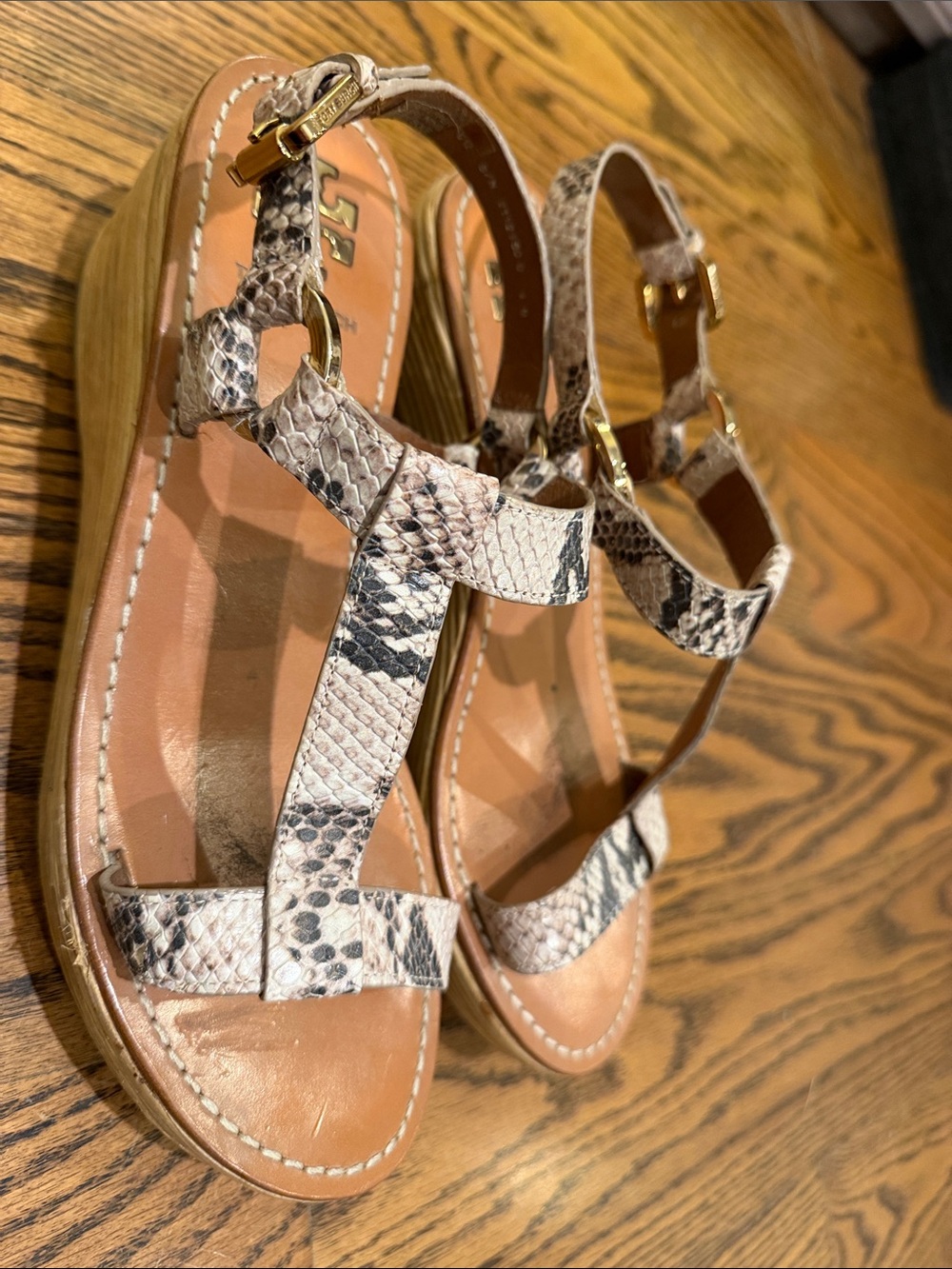 Tory Burch Snake-Print T-Strap Sandals in Tan and Black